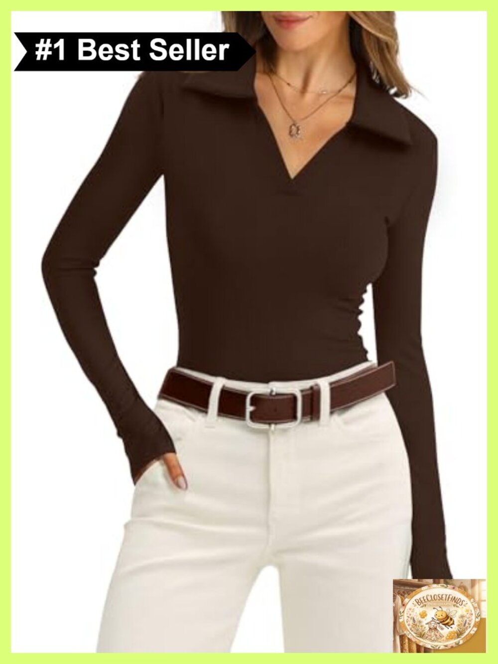 Womens Long Sleeve Polo Shirt Ribbed Knit Collared V Neck Slim Fit Business